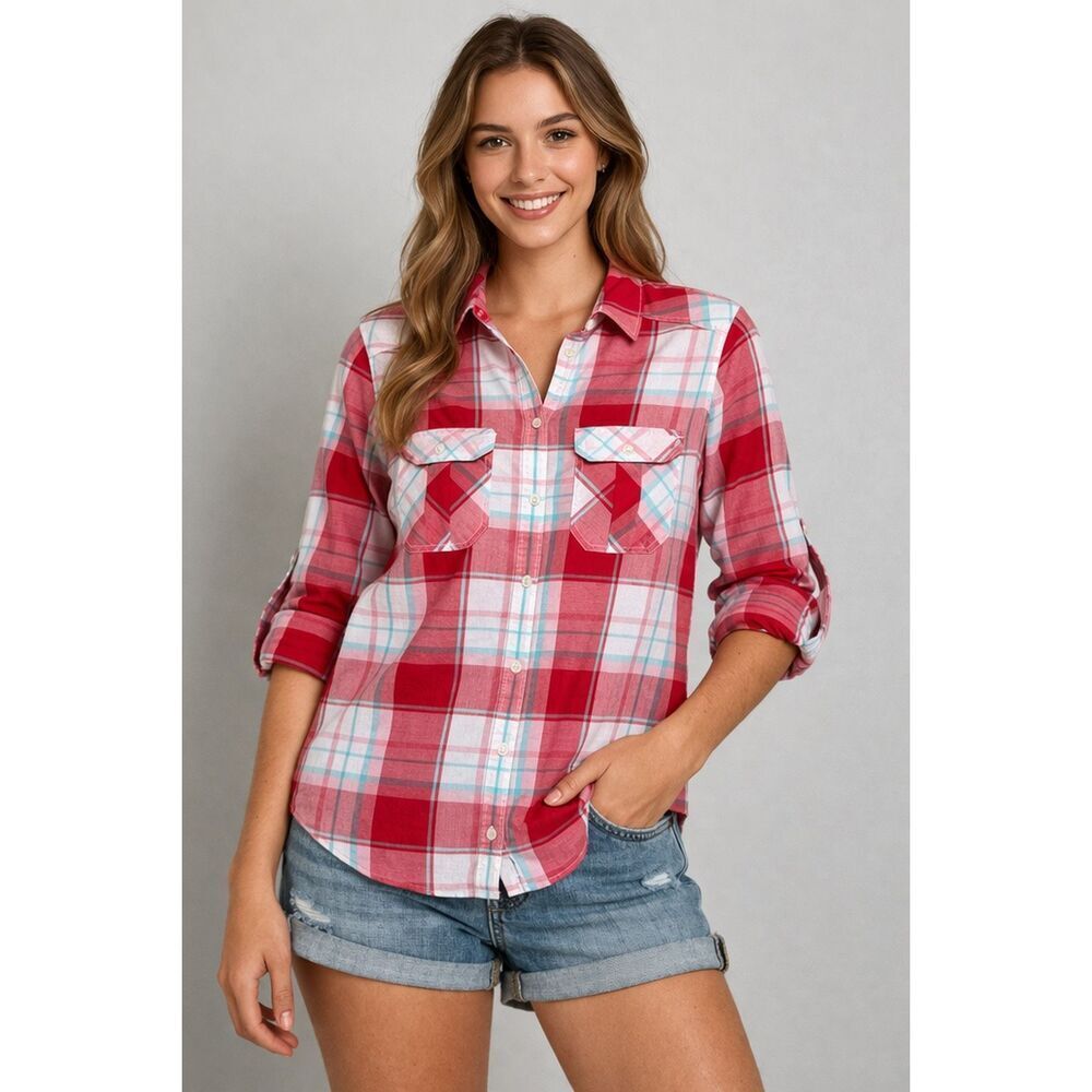 Express Plaid Button Up Shirt Womens XS Red Pink Cotton Casual